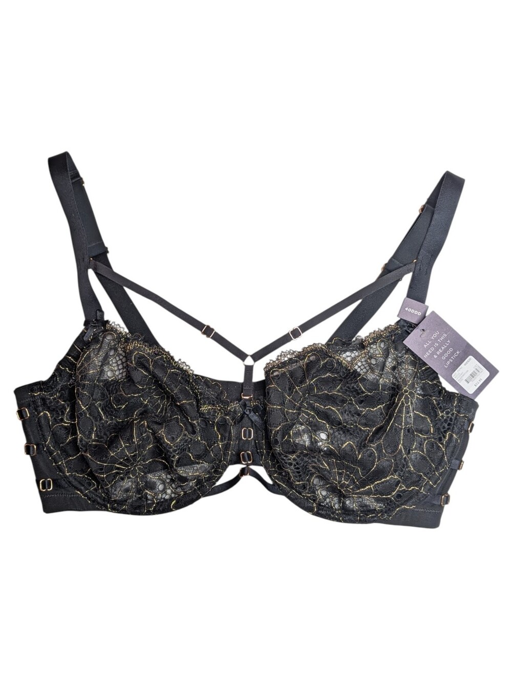 Cacique Black & Gold Metallic Medallion Lace Unlined Balconette Bra | Size 40DDD
